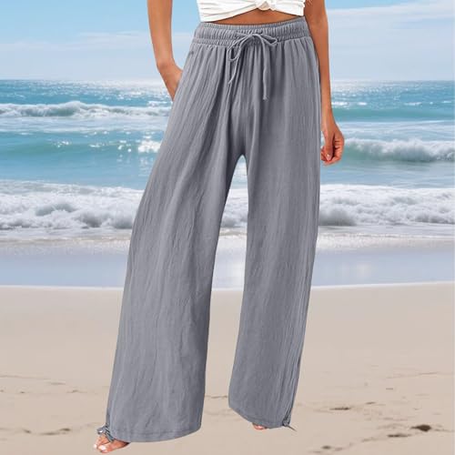 Women's Linen Wide Leg Pants Summer High Waisted Drawstring Palazzo Pants Casual Beach Pants Baggy Trousers2