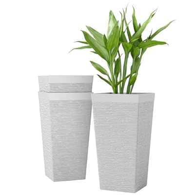 Outsunny 22.8 Inch Tall Planters for Outdoor Plants, Set of 3 Plastic Flower Pots with Stone Finish and Wheels, Stackable Tapered Planters with Drainage Hole for Indoor Plants, Front Porch, White