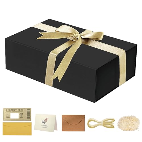 Caja de regalo negra de 12 x 9 x 4 pulgadas, cajas de regalo con tapas, caja de regalo magnética que contiene tarjeta, cinta, tarjeta para rascar, papel triturado para cumpleaños, aniversario, boda