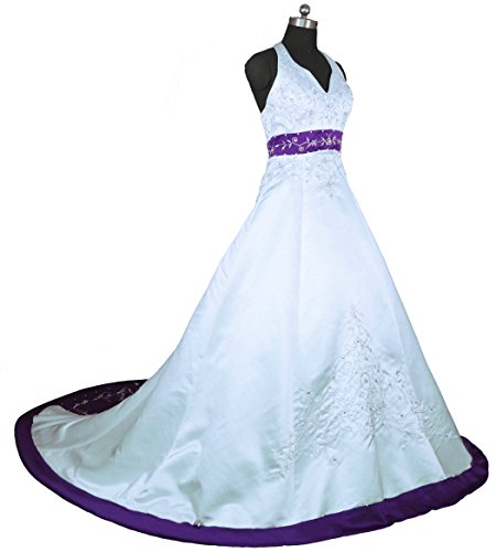 Rohmbridal Embroidery Satin Halter Wedding Dress Bridal Gown White Purple Size 6 #TOP2
