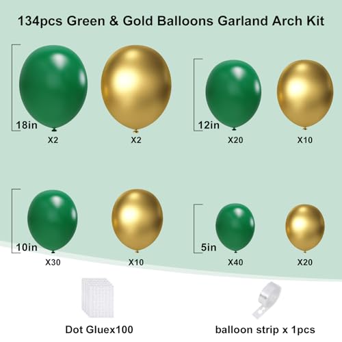 Image of Green and Gold Balloons Arch Garland Kit, 134pcs Metallic Gold and Dark Green Balloons with Different Size for Birthday, Graduation, St. Patrick's Day, Baby Shower, Jungle Party Decorations