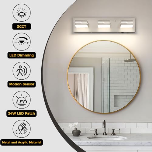 Image of LED Modern Bathroom Vanity Light Fixtures 3-Light, 19 inch 3CCT Dimmable Nickel Motion Sensor Vanity Lights for Bathroom Lighting Fixtures Over Mirror, with 350 Rotatable Acrylic Heads