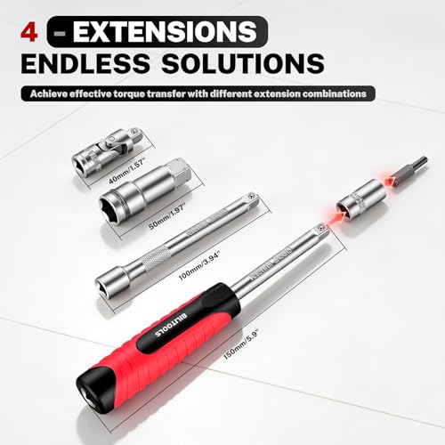 Image of BILITOOLS 29PCS 1 /4 inch Pass Through Socket Set with Spline Sockets & Bits | Small Pass Thru Go Through Ratchet Mechanics Tools Set for Tight Spaces, Low Profile 72-Tooth Wrench
