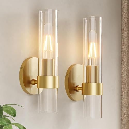 Image of Wall Sconce Set of Two, Hardwired Bathroom Wall Sconces Lighting with Clear Glass, Modern Wall Sconces Set of 2 Wall Light fixtures for Bathroom Mirror Living Room Hallway Bedroom(Gold)