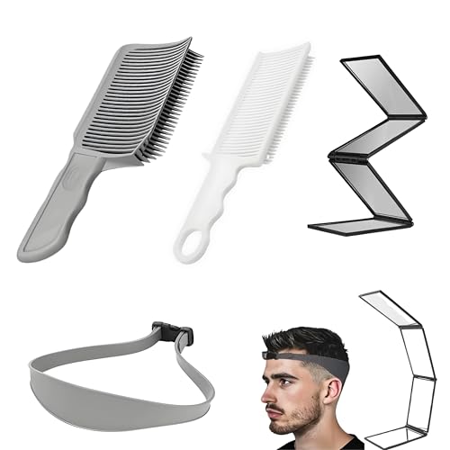 Fade Combs, 4 Piece Self Haircut Kit for Men Professional Barber Positioning Combs with 360 Fourfold Mirror Flat/Curved Push Edge Hair Combs, Hair Cutting Guide Tools for Home & Salon Use