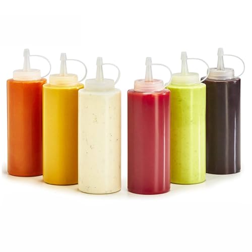 trabag Lot de 6 bouteilles à presser de 250 ml, en plastique, avec capuchon, doseur, pour sauce, peinture, pâtisserie, ketchup, sauce piquante, huile d'olive