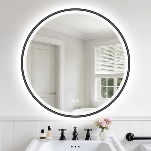 S'bagno Round Bathroom Mirror with Lights 600mm, Illuminated LED Mirror Bathroom with Aluminum Frame, Anti-Fog, 3000-6500K, HD Tempered Glass, IP44 Waterproof, Memory, Black
