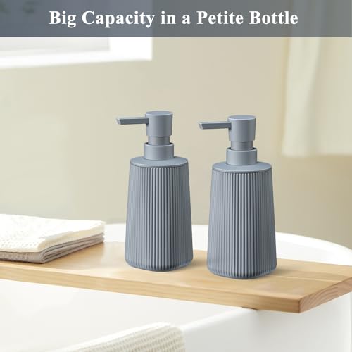 Image of Gray Hand Soap Dispenser with No Rust Pump for Bathroom and Kitchen Countertops Refillable Striped Matte Plastic 8.5 oz