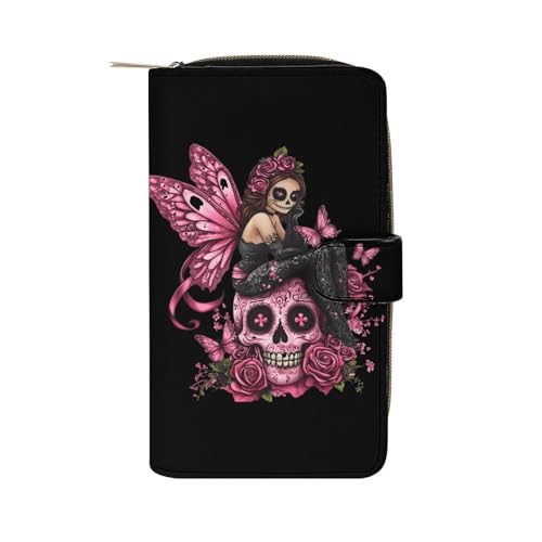 Skull Fairy Breast Cancer Awareness Ribbon Long Wallet PU Leather Credit Card Holder Durable Zippered Purse Clutch Wallet