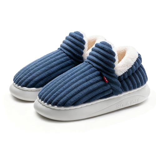 Drecage Womens Fuzzy Slippers Mens Fleece Lined House Slipper for Ladies Extra Plush Warm Indoor Outdoor Slippers with Heel Cover & Non-Slip Sole Cozy Memory Foam Home Shoes Blue 38-39