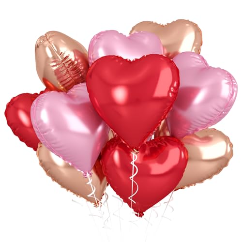 Image of Rose Gold & Pink Heart Balloons - 10 Pcs 18 Inch Foil Heart Shaped Balloons for Girls Women - Red Light - Valentines Day, Birthday, Wedding, Baby Shower, Bridal Party Decorations