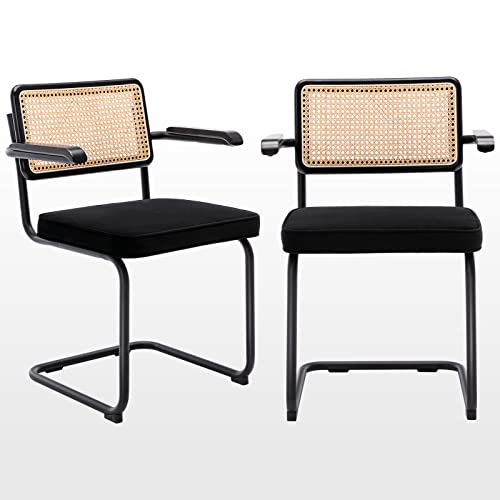 Zesthouse Mid-Century Modern Dining Chairs, Rattan Dining Arm Chairs Set Of 2, Accent Chairs With Metal Chrome Legs And Armrest, Velvet Upholstered Cane Armchairs For Living Room, Kitchen, Black #TOP9