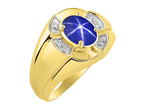 Image of Rylos Yellow Gold Plated Silver Men's & or Ladies Ring with 8X6MM Oval Gemstone & Diamonds - Unisex Color Stone Birthstone Ring Sizes 7-13