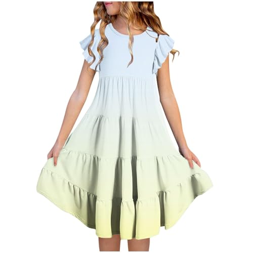 Teen Girls Gradient Casual Swing Dress Ruffle Sleeve Double Pleated