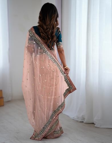Image of SIRIL Women's Net Sequence Embroidered Saree With Unstitched Blouse