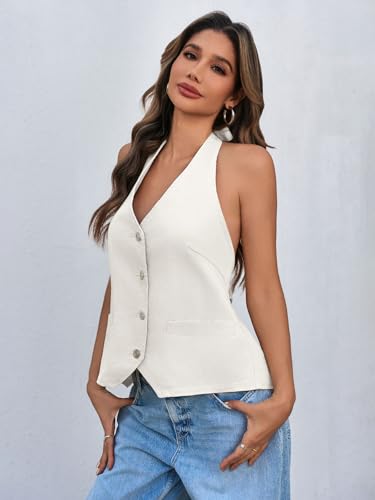 Image of Tankaneo Womens Halter Denim Vest Tops Summer Sleeveless Open Back Y2K Going Out Jean Tank Tops V Neck Button Up Waistcoat