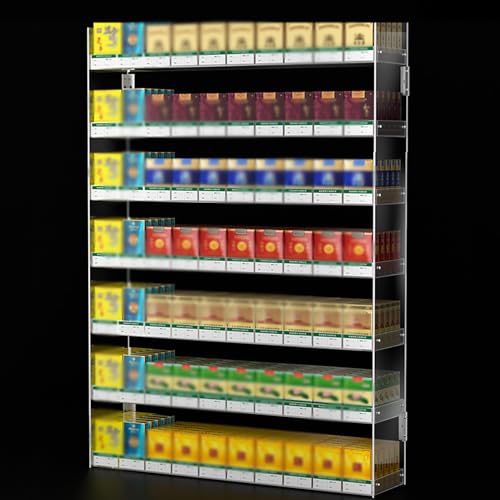 Étagère de présentation de cigarettes contre le désordre des paquets en caisse