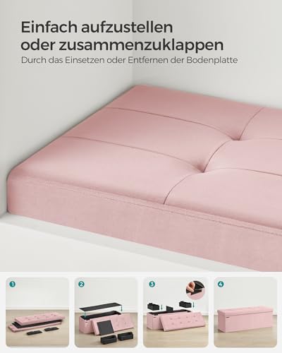 SONGMICS Sitzhocker mit Stauraum, klappbare Sitzbank, 38 x 110 x 38 cm Fußbank, Aufbewahrungsbox, bis 300 kg belastbar, für Wohnzimmer Schlafzimmer Flur, pastellrosa LSF277R01