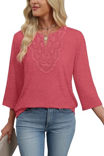 Image of WIHOLL 3 /4 Length Sleeve Womens Tops Boho V Neck Lace Shirt Trendy Blouses Dressy Casual Vacation Clothes S-3XL