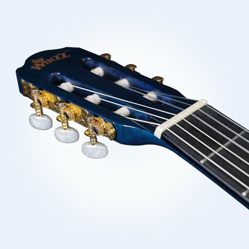 Image of WINZZ 4 /4 Classical Guitar, 39 Inch Full Size Nylon String Guitar for Beginner Adults, Full Classic Guitar Kit with Free Lessons, Gig Bag, Footstool, Capo, Tuner, Hanger and Strap (Glossy Blue)