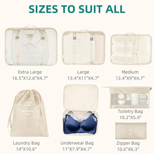 Image of 7pcs pouche Set Travel Organizer Packing Cubes Lightweight Travel Luggage Organizers with Laundry Bag or Toiletry Bag Laundry Organiser (7 PCS) (BEIGE)