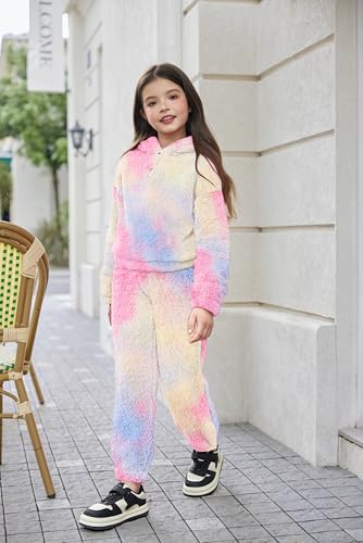 Image of Arshiner Girls 2 Piece Outfits Sweatsuit Fuzzy Long Sleeve Bear Ear Hoodie Sweatshirt and Sweatpant Kids Clothing Sets