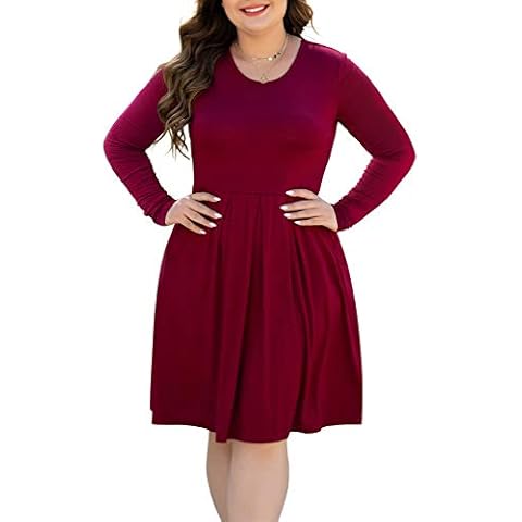 HAOMEILI Women's Pockets Long Sleeve Casual Swing Loose Plus Size Dress 5XL Wine Red Cover
