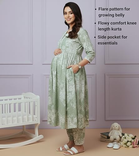 Image of DUMMY SHAPE Maternity Dresses for Women Cotton | Floral Kurta Pant Dupatta Set with Nursing Zippers, Side Pocket | Pre & Post Pregnancy | Feeding Kurti Suit | Baby Shower | Gifts for Pregnant Woman