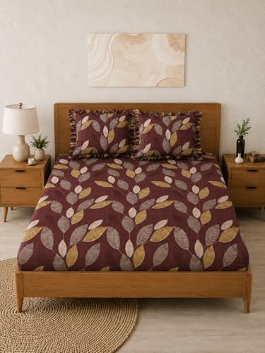 Image of 380 TC Premium Glace Cotton Elastic Fitted Bedsheet King Size with 2 Pillow Covers King Size | Double Bed with All Around Elastic (Wine New, Fitted Queen-60x78)