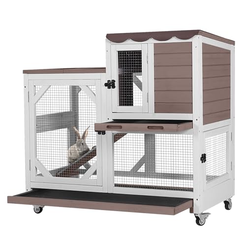 GUTINNEEN Rabbit Hutch Indoor Outdoor 2 Story Bunny House on Wheels Wood Rabbit Cage with 2 Pull Out Trays Guinea Pig Cage