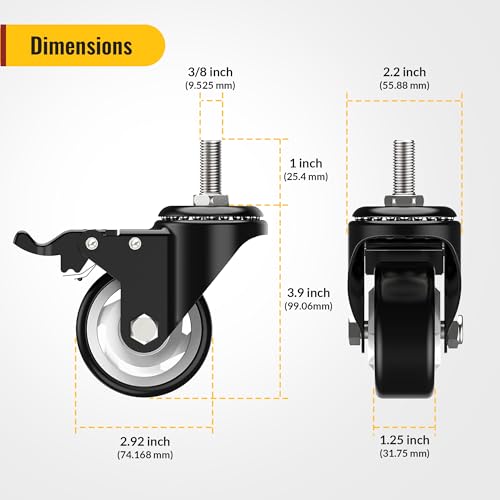 Image of HOLKIE Caster Wheels 3 inch Total Locking Stem Casters, 3 /8 inch -16 x 1 (Stem Diameter 3 /8 inch, Stem Length 1 inch) Threaded Stem Casters Swivel Casters Set of 4 Heavy Duty Castors Black