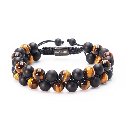 Premium Tiger Eye Bracelet Gift for Men, HASKARE Energy Protection Crystal Real Tigers Eye Black Onyx Beads Bracelets, Handmade Crystal Bracelet Men Bracelets Father Christmas Gift for Him Stress Relief