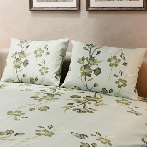 Image of BLISSHOME SoftTouch 140TC Cotton King Size Printed Bedsheet with 2 Pillow Covers for Double Bed, Silky Smooth Bedding Set, Breathable, Easy Maintain, Floral Print - Green