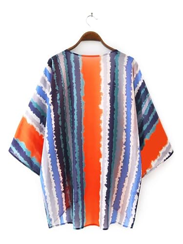 Image of Chunoy Women Summer Tie Dye Striped Open Front Beach Tops Chiffon Kimono Cover Up Lightweight Cardigan X-Large