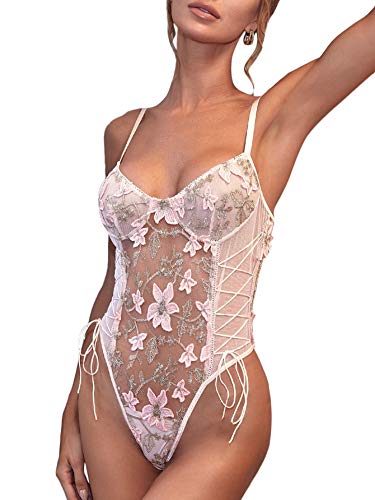 SheIn Women s Floral Mesh Lingerie Strappy Lace Up One Piece Babydoll Bodysuit Pink Small
