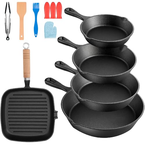 Reviews de Sarten de hierro colado que Puedes Comprar On-line. 41 Ausein Juego de 5 Sartenes de Hierro Fundido, Cast Iron Skillet con Espátula y Guantes, Cacerolas de Hierro Fundido Antiadherentes, Ideal para el hogar, la cocina y el camping