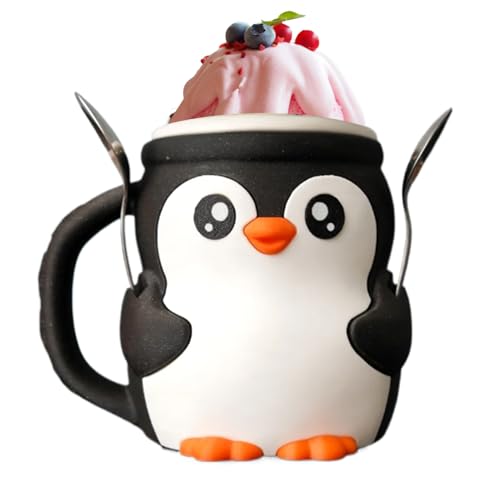 Lindo soporte para la pinta de helado de pingüinos con ranura para cuchara | Soporte de pinta de hielo de pingüino impreso en 3D con manguito de anticongelante de cuchara, manga aislada reutilizable