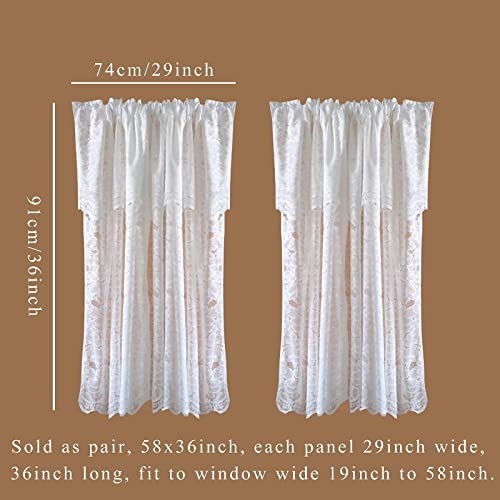 Aokqya White Lace Curtains Tiers With Attached Valance For Kitchen Bathroom Window Rustic Short Small Window Treatments(58X36Inch Tiers, White Flower) #TOP5