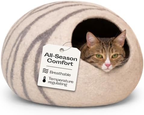 MEOWFIA Cat Cave – Premium Felt Cat Bed for Indoor Cats, Handmade Merino Wool (Light Grey, Medium)