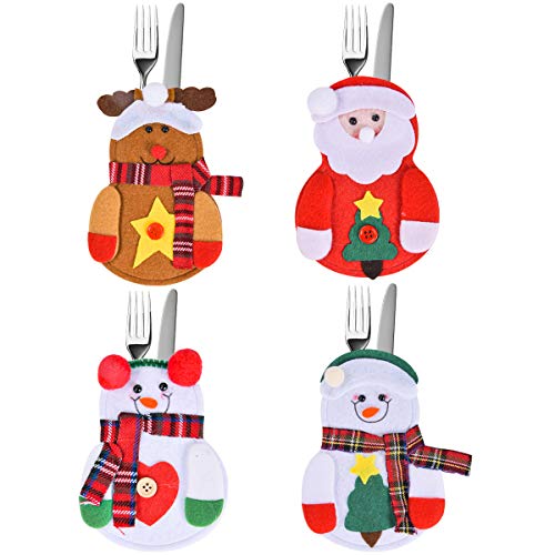 HIDARLING Lot de 4 porte-couverts de Noël pour couverts, couteaux, fourchettes, sacs de vaisselle, bonhomme de neige, Père Noël, élan pour Noël, fête, décoration de table (rouge) Cover