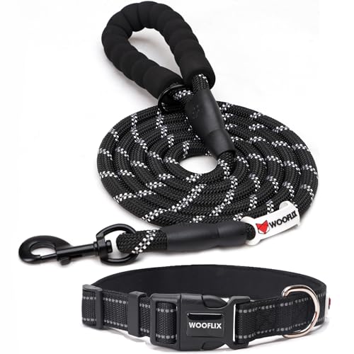 Image of WOOFLIX Reflective Dog Leash And Collar Combo Set|Dog Collar & Anti Slip Padded Handle Leash For Dogs|Highly Reflective|Dog Rope For Medium & Large Dogs|(Leash 6.5 Ft. + Collar Xl, Black, 18 Cm)
