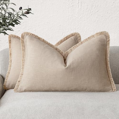 Image of Foindtower Set of 2 Decorative Linen Fringe Throw Pillow Covers Boho Farmhouse Cushion Cover with Tassels Accent Pillowcase for Couch Chair Sofa Bed Living Room Home Bedroom Decor,12x24 Inch,Tan Beige