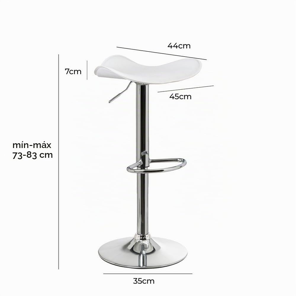 2 taburetes de cocina regulables en altura blancos redondos sin respaldo | Asiento redondo tapizado en polipiel. Sin respaldo. Pie giratorio gris. Altura ajustable de 63 a 83 cm. Resiste hasta 120 kg.