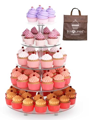Jusalpha Large 5-Tier Cupcake Stand Acrylic Round Wedding Cake Stand/ Cupcake Tower/ Dessert Stand/ Pastry Serving Platter/ Food Display Stand (5RF)
