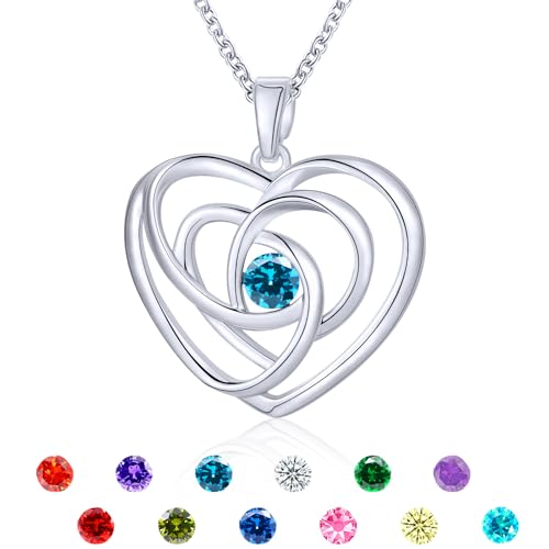 Rajputana Collar de plata de ley S925 con piedra natal de corazón, delicado colgante redondo de nudo celta de 12 meses, collares de piedra natal plateada, regalos de joyería para mujeres, Latón