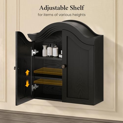 Armario de pared para baño, negro | con arco ondulado en la parte superior, estante ajustable, almacenamiento sobre el inodoro, puerta rebajada, botiquín miniatura 3