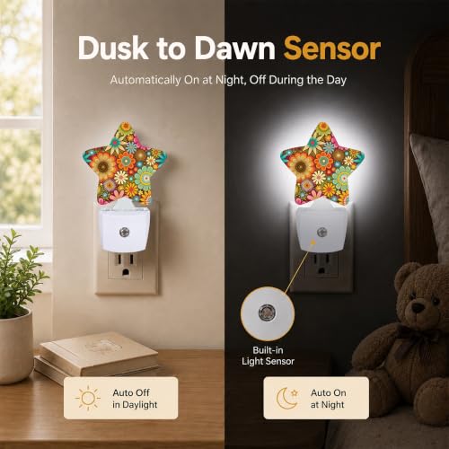 Image of Star Night Light with Dusk to Dawn Sensor, Mandala Flower Pattern Plug in Night Light for Kids Bedroom Nursery, Soft Warm Glow Lamp for Hallway Bathroom Energy Saving