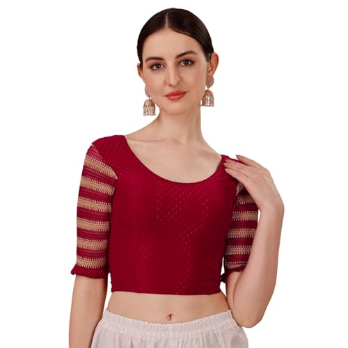 Image of SFT Round Neck Cotton Lycra Stretchable Laced Elbow Sleeves Readymade Saree Blouse for Women Stylish (Shibani