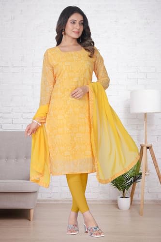 Image of Women's Printed Kurti with Georgette Dupatta, Full Inner Lining, Lightweight Ethnic Set