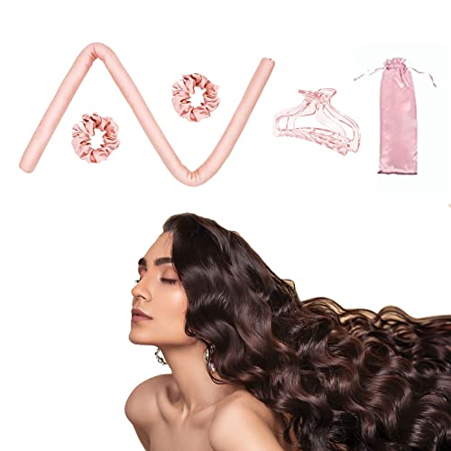 5PCS Women Heatless Curling Rod Headband Hair Curlers Silk For Long Hair Curling Ribbon with Hair Clips and Scrunchie Sleeping Curls Hair Rollers DIY Hair Styling Tools Kit Overnight(Pink)
